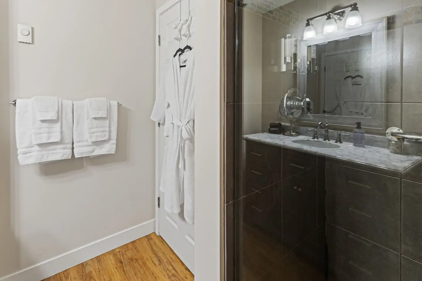 Walk-in tiled shower in the primary bathroom at Magnolia House, Bend