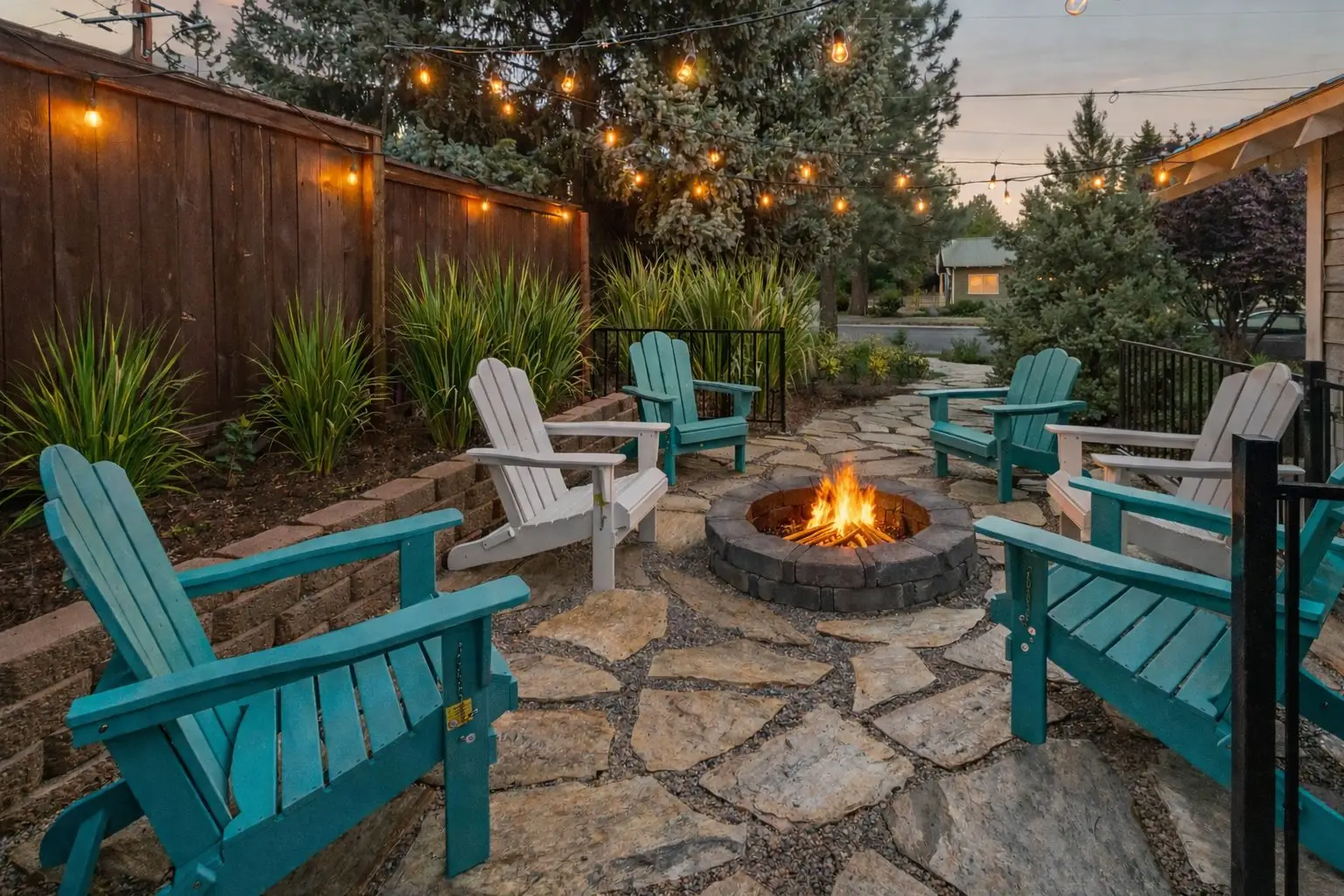 Lit firepit surrounded by Adirondack chairs on the stone patio at dusk at Magnolia House in Bend