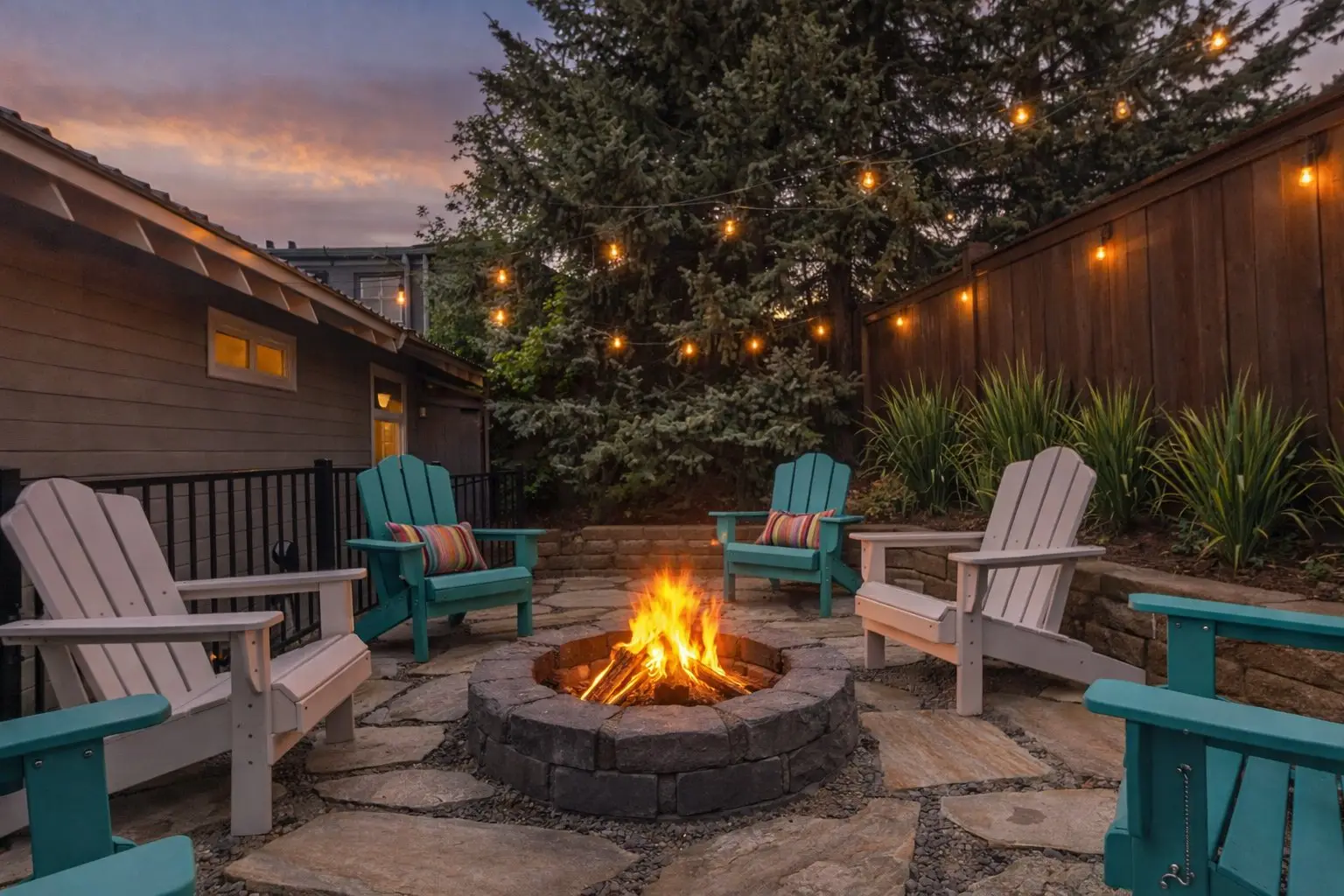 Stone firepit burning under a pink-and-orange Bend sunset sky in the private backyard of Magnolia House